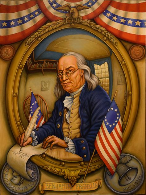 “Benjamin Franklin,” original oil painting by John Philip Wagner. Member of the Second Continental Congress, Author, Publisher, Scientist, Inventor, Diplomat, and Statesman, Benjamin Franklin was one of the most iconic figures in American history. He invented the lightning rod, and bifocal lenses. He also published the famous, “Poor Richard’s Almanac.” If that wasn’t enough to solidify his place in history, he also contributed to key documents, The Declaration of Independence, Constitution, and Patriotic Pictures, The Declaration Of Independence, Lightning Rod, Ben Franklin, Americana Decor, Bifocal Lenses, Vintage Americana, Benjamin Franklin, Declaration Of Independence