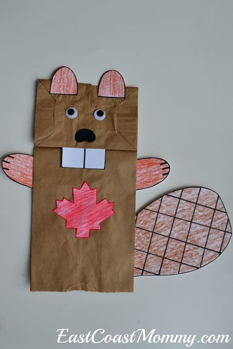 Fantastic Canada Day crafts and activities... including this adorable paper bag puppet beaver. Beaver Paper Bag Puppet, Canada Crafts For Toddlers, Paper Bag Beaver Craft, Canada Theme Preschool, Canada Day Preschool Crafts, Canada Day Kids Crafts, Canada Activities For Preschool, Paper Bag Arts And Crafts, Canada Day Preschool Activities