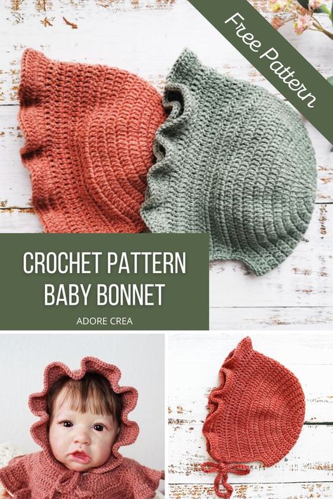 Free Crochet Pattern for cute ruffle crochet baby bonnet. The baby bonnet is made in soft baby merino, and it is very simple and easy to crochet. #crochetbabybonnet #crochetpatternforbaby #crochetbabyclothes #crochetforbaby #crochetbabyhat #crochetpatternforbeginners Baby Bonnet Pattern Free, Baby Bonnet Crochet Pattern, Crochet Baby Cap, Baby Bonnet Pattern, Crochet Baby Projects, Crochet Bonnet, Crochet Baby Bonnet, Baby Headbands Crochet, Crochet Baby Hat