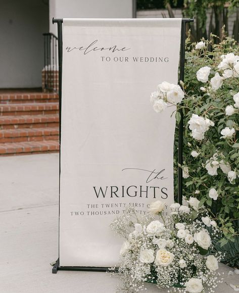 casa romantica wedding, welcome sign florals, white florals, babies breath flowers Wedding Welcome Sign Baby Breath, Welcome Sign Wedding Flowers, Wedding Welcome Sign With Flowers, Linen Signage, Welcome Sign Florals, Wedding Welcome Sign Flowers, Babies Breath Flowers, Casa Romantica Wedding, Simple Wedding Arch