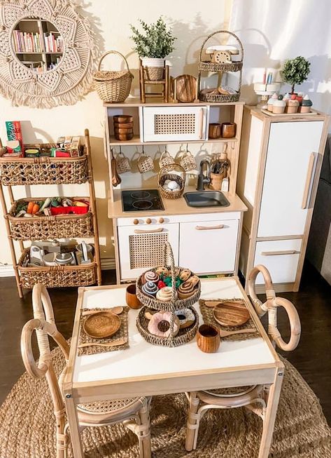 Dream Toy Room, Farmhouse Play Kitchen Makeover, Montessori Pretend Play Area, Playroom Kitchen And Market, Wooden Toy Kitchen Makeover, Play Kitchen Area Playrooms, Boho Toy Room, Reggio Inspired Playroom, Toy Kitchen Storage Ideas