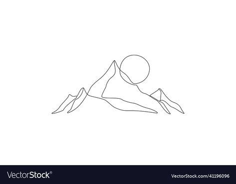 Mountain Simple Drawing, Nature Simple Drawing, Line Art Drawings Mountains, One Line Landscape, One Line Mountain Tattoo, Sunset Line Drawing, Sun Mountain Tattoo, Mountain Line Art Simple, One Line Mountain