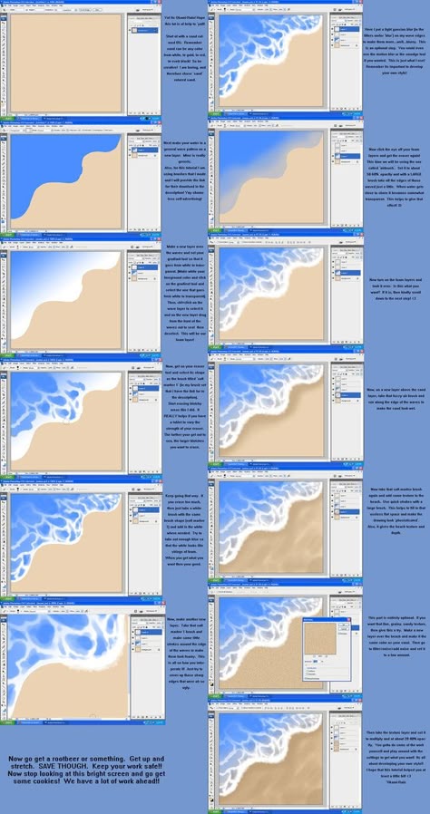 Beach Tutorial Digital, Beach Drawing Tutorial, Beach Waves Drawing, Sand Drawing, Ocean Paintings, Wave Drawing, Waves Tutorial, Ocean Waves Painting, Beach Drawing