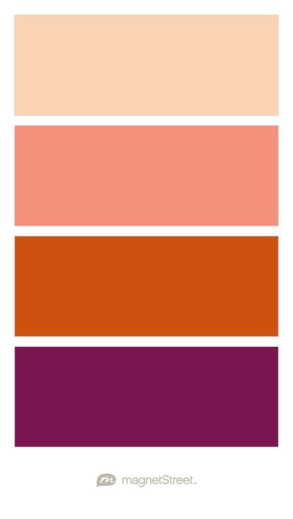 Peach, Coral, Pumpkin, and Sangria Wedding Color Palette - custom color palette created at MagnetStreet.com Sangria Wedding Colors, Sangria Wedding, Marigold Wedding, Navy Color Scheme, Champagne Wedding Colors, Custom Refrigerator, Wedding Burgundy, Pumpkin Wedding, Black Color Palette