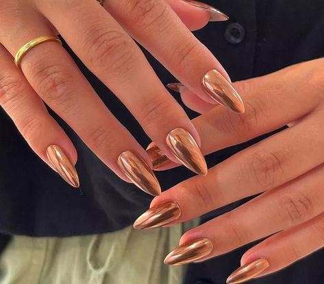 The “Moscow Mule” Nail Trend: How to Get the Look Chocolate Chrome, Medium Almond Nails, Chrome Nail Ideas, Press On Nails Almond, Chrome Manicure, Nails Medium Length, Elegant Manicure, Velvet Nails, Nails Stiletto