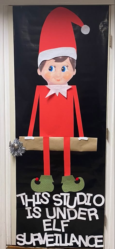 Elf On The Shelf Bulletin Board, Elf On The Shelf Door Decoration, Elf On The Shelf Door, Grinch Door, Classroom Elf, Daycare Projects, Door Bulletin Boards, Shelf Door, Christmas Bulletin Boards