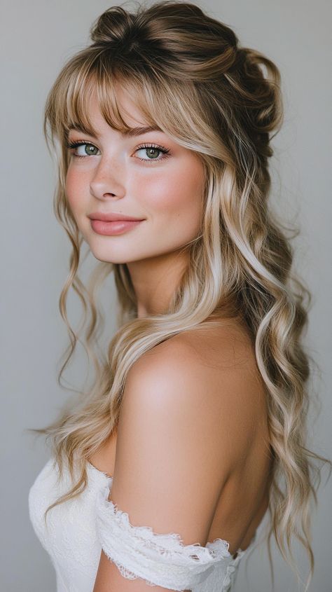 🌸 Dreamy Half Up Curls wedding hairstyles half up half down bangs Glamour | Pinterest Favorite Curls Wedding Hairstyles, Half Up Half Down Bangs, Medium Length With Bangs, Half Up Curls, Beautiful Bridal Hair, Wedding Hairstyles Half Up Half Down, Wedding Day Inspiration, Wedding Hair Down, Naturally Beautiful