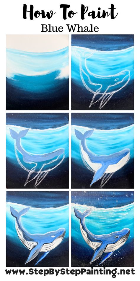 How To Paint A Blue Whale - Step By Step Tutorial Whale Canvas, Ocean Art Painting, Whale Painting, Beach Art Painting, Underwater Scene, Small Canvas Paintings, A Starry Night, Whale Art, Canvas Painting Tutorials