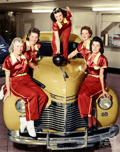 1941 Chevrolet in showroom with a bowling team. Imbued with Hues 1950s Bowling Outfit, 1940s Life, Fashion 40s, Bowling Outfit, Bowling League, 1940's Fashion, Vintage Automobiles, Retro Cocktail, Bowling Team