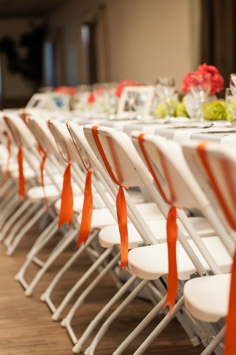 Decorate folding chairs? | Weddings, Do It Yourself | Wedding Forums | WeddingWire Cheap Wedding Chair Decor, Decorate Folding Chairs, Chair Decoration Ideas, Chairs For Wedding, Ribbon Chair, Diy Wedding Shoes, White Folding Chairs, Folding Chair Covers, Metal Folding Chairs