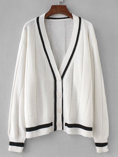 Contrast Stripe Trim Eyelet Cardigan -SheIn(Sheinside) Knit Pants Outfit, Ootd Cardigan, Cardigan Korean Style, Cardigan Korean, Diy Summer Clothes, Hogwarts Outfits, Outfits New York, Classy Winter Outfits, Women Lace Dress