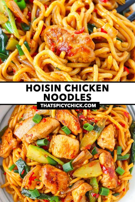 Sticky, savory-sweet, spicy and DELICIOUS, this Hoisin Chicken Noodles dish is incredibly flavorful and easy to make! Tender chicken, fragrant aromatics, veggies and noodles get tossed in mouthwatering stir fry sauce starring hoisin sauce! It’s customizable with your favorite protein and veggies and gluten-free and vegetarian/vegan adaptable. #noodles #stirfry #dinner #easyrecipes #chinesefood #asianfood #spicy #chickennoodles #hoisinsauce #mealprep #highproteinmeals | That Spicy Chick Chicken And Noodle Stir Fry, Recipes With Hoisin Sauce, Chicken And Veggie Recipes, Chinese Noodle Recipes, Hoisin Chicken, Healthy Party Food, Chinese Cooking Wine, Easy Main Dishes, Chinese Cooking Recipes