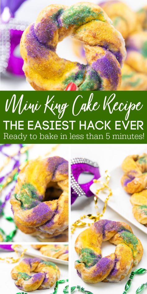 Easy Kings Cake Recipe that uses cinnamon rolls as the base. Quick, easy and just 5 minutes of prep before these cakes are in the oven! #passion4savings #madigras #cake #kingcake #cinnamonroll #dessert #breakfast #kidfriendly 3 Kings Cake Recipe, 3 Kings Cake, Kings Cake Recipe, Easy King Cake Recipe, Easy King Cake, Kings Bread, Kings Cake, King Cake Recipe Easy, Pink Velvet Cakes