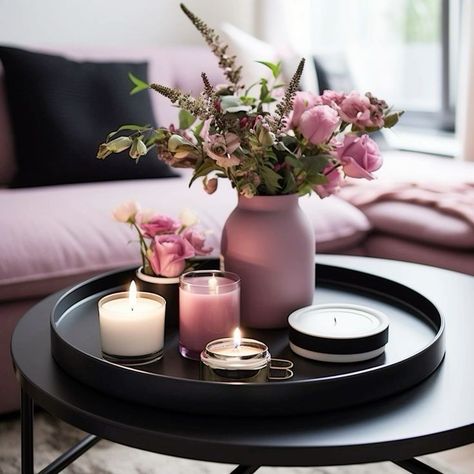 Table Decoration Ideas, Ottoman Decor, Table Decor Living Room, Tiny House Decor, Pink Candles, Home Decor Color, Room Makeover Inspiration, Decor Home Living Room, Table Arrangements