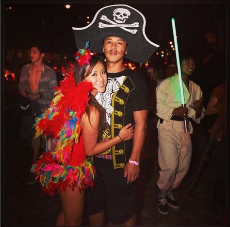 Pin for Later: These Are the Couples Costumes Everyone Will Be Wearing This Year Pirate Easy Costume Ideas For Couples, Easy Costume Ideas, Homemade Pirate Costumes, Native American Halloween Costume, Easy Couples Costumes, Parrot Costume, Halloween Costumes Diy Couples, Funny Couple Costumes, Costumes For Couples