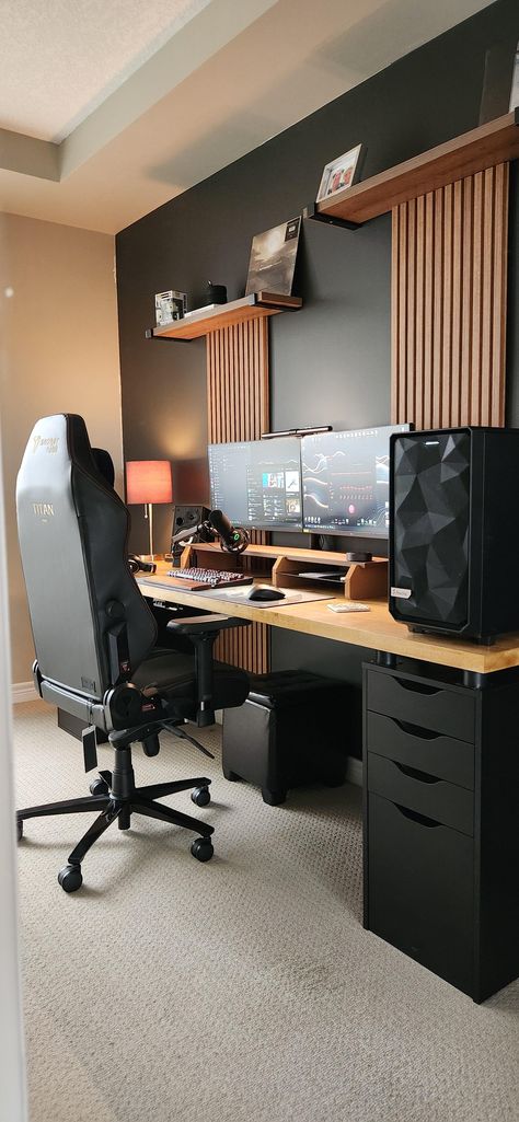 Game Room Ideas, Home Office Layouts, Modern Home Offices, Home Studio Setup, Small Home Offices, Bedroom Setup, Black Office, Gaming Room Setup, Working Space