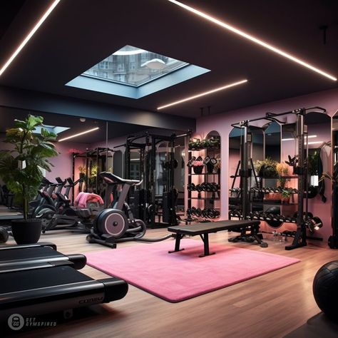 Female Gym Design, Aesthetic Gym Interior, Women Only Gym Interior, Gym And Movie Room Combo, Ladies Gym Interior, Gym Interior Design Ideas Fitness Studio, Gym Studio Design, Fitness Room Design, Pink Home Gym