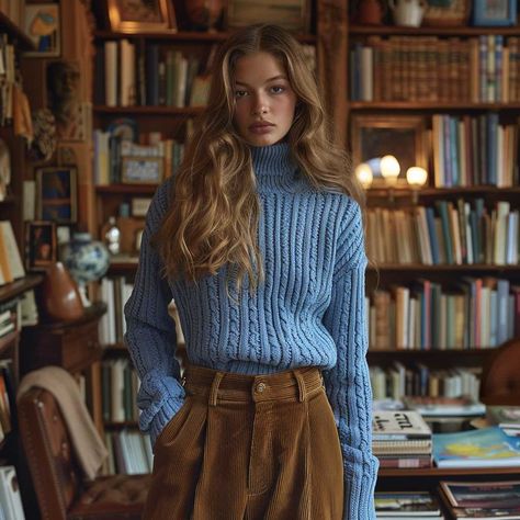 Cool Blue Styles with 70s Fashion Ideas • 333k+ Inspiring Lifestyle Ideas 70s Fashion Autumn, 70s Style Winter Outfit, 70s Winter Style, 60s Autumn Fashion, French 70s Style, Corduroy Maxi Skirt Outfit, 70s Autumn Outfits, Blue Corduroy Skirt Outfit, Fall 70s Outfit