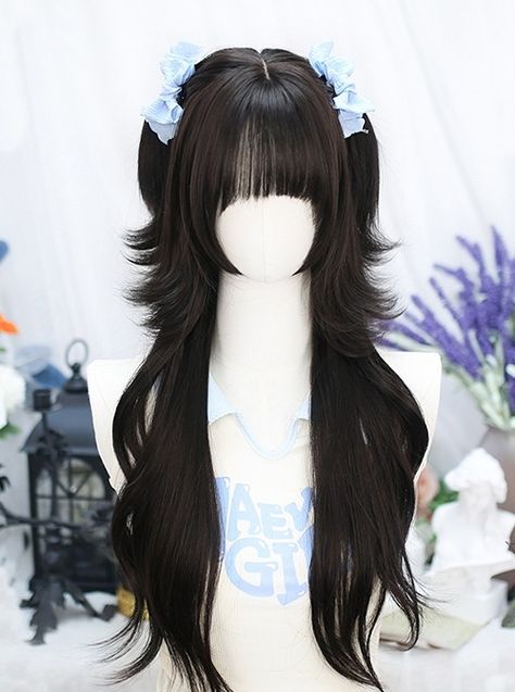 Lily Series Simulated Integrated Natural Black Long Curly Hair Blue Highlights Sweet Lolita Jellyfish Head Full Head Wig Long Thick Hair Styles, Wigs Hairstyles, Hair Blue Highlights, Black Long Curly Hair, Aesthetic Wigs, Jellyfish Hair, Black Hair Wig, Hairstyles Wig, Adorable Hairstyles