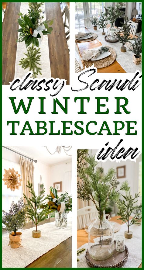 If you like farmhouse style decor with a leaning toward rustic Scandinavians aesthetics, here is a winter tablescape idea you'll enjoy! Simple, minimalist, with all many nature touches! Perfect scaled back winter decorations for your table that are budget-friendly, with a clean look for after Christmas! Kitchen Table Winter Decor, Winter Table Top Decor, Winter Decor Coffee Table, Winter Table Decor Ideas, Winter Dining Table Centerpiece, Winter Centerpiece Ideas, Winter Kitchen Table Decor, Winter Table Centerpieces For Home, Scandinavian Winter Decor