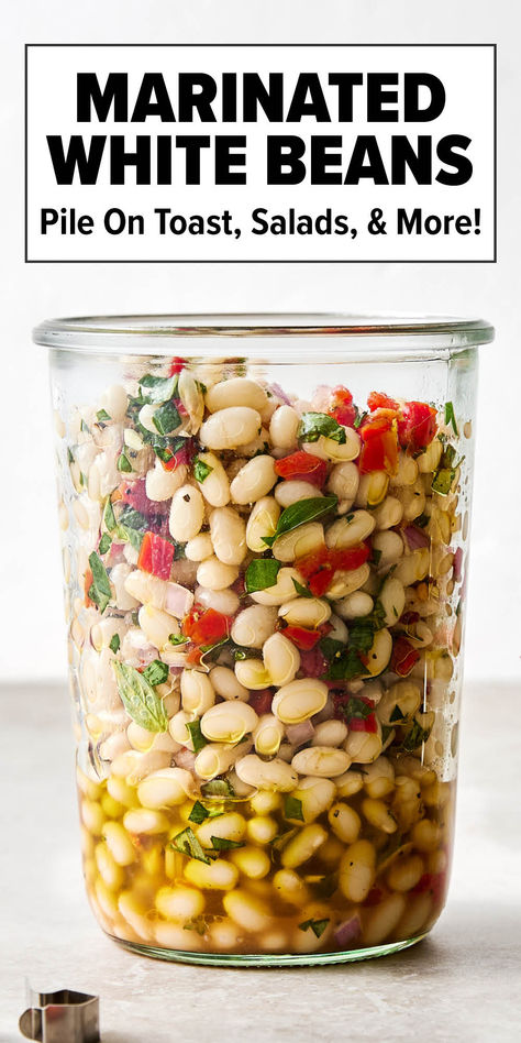 Italian marinated white beans Lemon Basil Three Bean Salad, Marinated White Beans Downshiftology, Italian Marinated White Beans, Dense Bean Salad Recipes Mediterranean, Pasta And White Beans, Marinated White Beans Recipe, Marinated Kidney Beans, Bean Recipes Mediterranean, White Beans And Sweet Potatoes