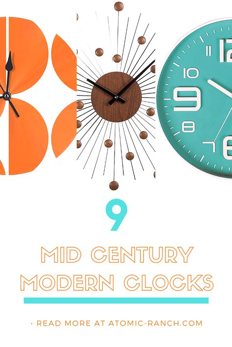 Mid century clocks to add modern style in no time. atomic-ranch.com #midcenturymodern #clocks #modernstyle Mid Century Modern Clock, Mid Century Modern Clocks, Diy Mid Century Modern, Atomic Wall Clock, Mid Century Modern Wall Clock, Sunburst Clock, Diy Mid Century, 1960s Christmas, Modern Wall Clocks