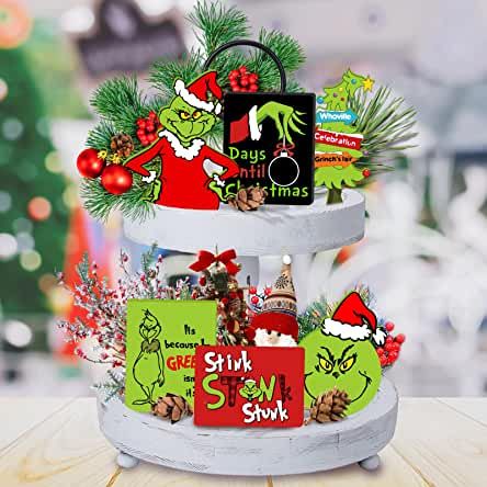 Grinch Tray Decor, Grinch Tiered Tray Decor, Grinch Tiered Tray Ideas, Christmas House Decorations Indoor, Grinch Ideas, Tiered Tray Decorations, Stink Stank Stunk, Indoor Holiday Decor, Tray Decor Christmas