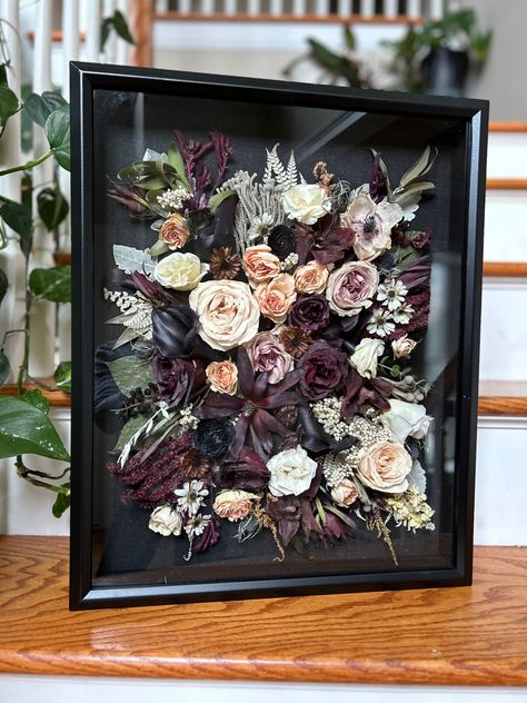 Bridal flowers preserved in shadow box. Flowers In Shadow Box Diy, Shadow Box Flower Ideas, Shadow Box Wedding Flowers, Wedding Bouquet Shadow Box Display, Dried Flower Shadow Box, Floral Shadow Box Ideas, Bridal Bouquet Preservation Ideas, Dried Flower Shadow Box Ideas, Shadow Box Flowers