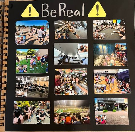 BeReal Scrapbook page Be Real Scrapbook Page, Things To Print Out For Scrapbooking, Time To Be Real Scrapbook, Bereal Scrapbook, Be Real Scrapbook, Yearbook Picture Ideas, Memory Book Aesthetic, School Memories Scrapbook, Photo Book Inspiration