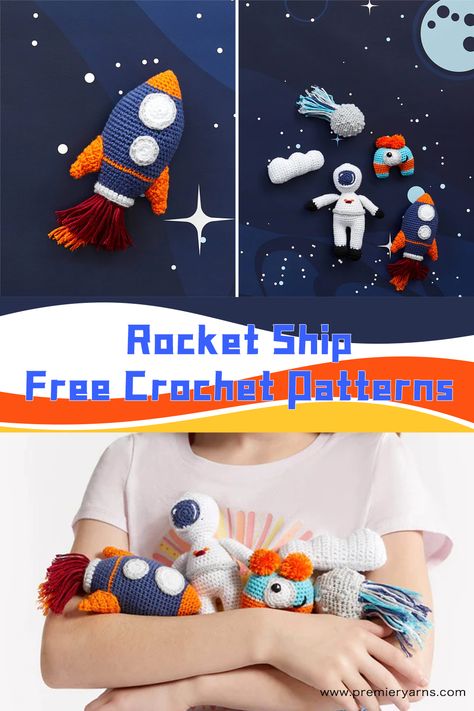 FREE Rocket Ship Crochet Patterns - iGOODideas.com Spaceship Crochet Pattern, Crochet Space Free Pattern, Space Themed Crochet Patterns, Planet Crochet Patterns Free, Free Space Crochet Patterns, Rocket Crochet Pattern Free, Crochet Rocket Ship Pattern Free, Space Crochet Pattern Free, Crochet Astronaut Pattern Free