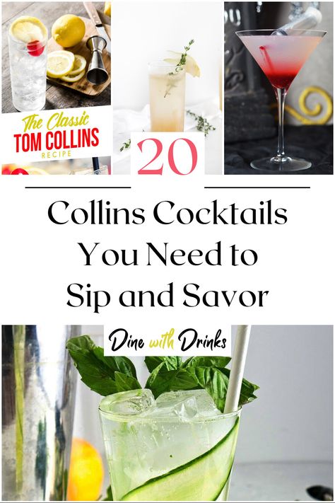 Collage of 4 collins cocktails. Spring Mixed Drinks Cocktail Recipes, Broken Plane Cocktail, Tom Collins Recipe Gin, Tom Collins Recipe, Tom Collins Drink Recipes, Collins Glass Cocktail, Mixology Drinks, Night In With Friends, Collins Cocktail