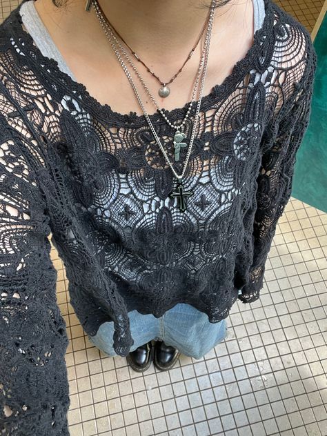 outfit inspo Nightgown Layering Outfit, Lace Clothes Aesthetic, Lace Top Outfit Aesthetic, Y2k Crochet, Lace Outfits, Crochet Top Outfit, Big Jewelry, Top Outfit, Fall Fits