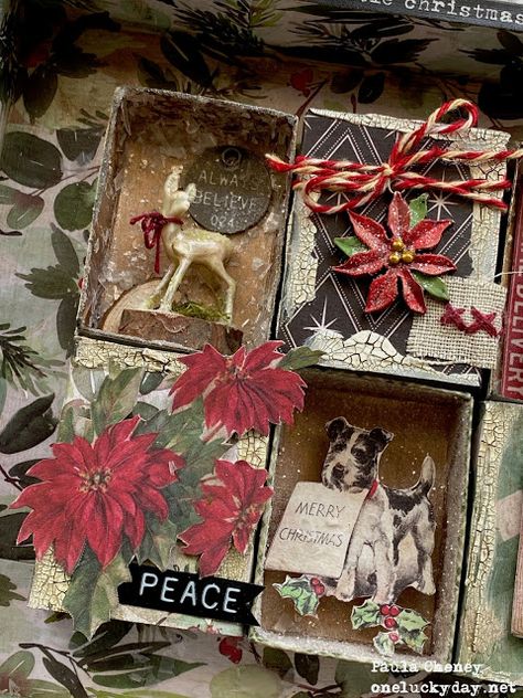 One Lucky Day, Christmas Matchbox Ideas, Tim Holtz Christmas Vignette Boxes, Matchbox Ideas, Paula Cheney, Tom Holtz, Christmas Collages, Vintage Christmas Shadow Boxes Ornaments, Christmas Assemblage