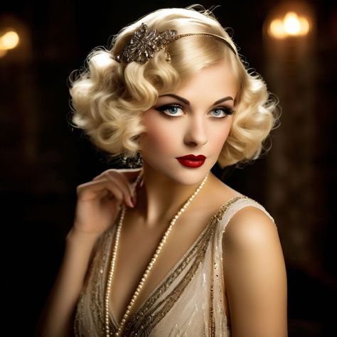 1920s blonde flapper with 1960s hairstyle by The Mallard - Playground 1920s Hair With Bangs, 1920 Hair And Makeup, 20 Hairstyles 1920s, 20s Flapper Makeup, Flapper Girl Aesthetic, 1920s Short Hair, Flapper Makeup 1920s, Flapper Girl Hair, Easy 1920s Hairstyles