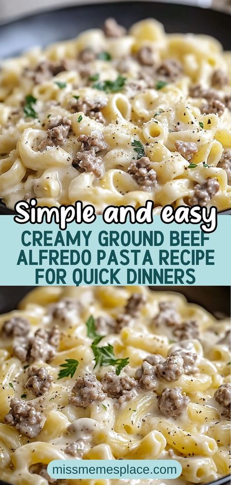 Discover the ultimate creamy ground beef Alfredo pasta recipe that comes together in under 30 minutes! This easy beef Alfredo recipe features tender ground beef enveloped in a rich, velvety sauce that clings perfectly to al dente fettuccine. Perfect for busy weeknights or special gatherings, this comforting dish is sure to please everyone at the table. Don’t forget to garnish with fresh parsley and Parmesan for that extra touch! Ground Beef And Macaroni Recipes Easy Dinners, Picky Family Dinner Ideas, Creamy Beef Pasta Bake, Hamburger Pasta Skillet Recipes, Alfredo And Beef Recipe, Simple Pasta Recipes Ground Beef, Hamburger And Cream Of Chicken Recipes, Good Meals With Ground Beef, Easy Creamy Beef And Shells