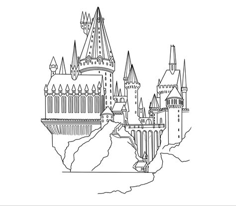 Hogwarts Castle Line Art, Harry Potter Castle Drawing Easy, Hogwarts Castle Outline Tattoo, Hogwarts Line Drawing, Hogwarts Castle Drawing Simple, Hogwarts Castle Illustration, Hogwarts Outline Drawing, Hogwarts Stencil, Harry Potter Tattoo Stencil