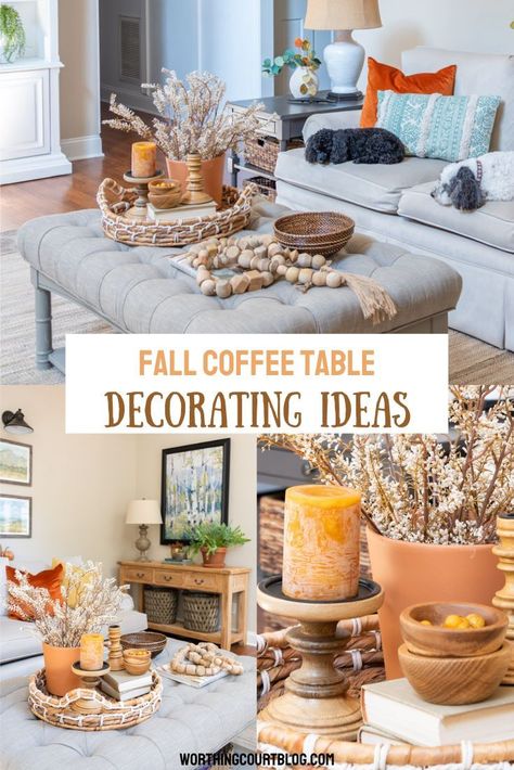 Pinterest graphic Living Room Fall Decor Coffee Tables, Fall Family Room Decorating Ideas, Fall Trays For Coffee Table, Fall Coffee Table Styling, Simple Fall Coffee Table Decor, Fall Decor For Coffee Table, Fall Coffee Table Decor Tray, Coffee Table Fall Decor Ideas, Autumn Coffee Table Decor