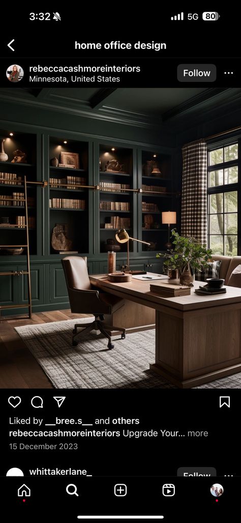 Dark Academia Media Room, Vintage Men’s Study, Dark Green Library Aesthetic, Dark Academia Aesthetic Office, Dark Academia Office Aesthetic, Old Office Aesthetic, Dark Green Office Ideas, Green Study Room, Modern Victorian Office