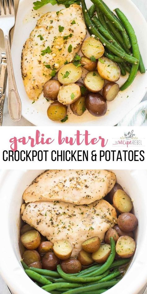 Slow Cooker Garlic Butter Chicken, Chicken Breast Crockpot, Chicken Potatoes And Green Beans, Garlic Butter Chicken And Potatoes, Butter Chicken And Potatoes, Crockpot Potatoes, Crockpot Chicken And Potatoes, Chicken Breast Slow Cooker, Potatoes Chicken