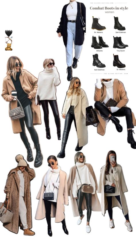 Leather leggings, cream sweaters, beige and brown dress coats, combat boots Outfits With Brown Combat Boots, Beige Combat Boots Outfit, Cream Sweaters, Combat Boot Outfit, Dress Coats, Brown Combat Boots, Closet Inspiration, Cream Sweater, Brown Dress