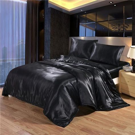 BedSheet Ideas, Queen Size Sheet Set 4 Piece Black Silk Bedding Aesthetic, Goth Bedding, Bedsheet Ideas, Satin Bed Sheets, Satin Bed, Black Bed Set, Queen Size Sheets, Black Sheets, Queen Room