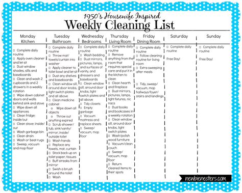 If you're looking to learn to clean your house like a 50's housewife but with all the convenience of modern appliances, then this is the list for you! A '1950's Housewife Inspired' Weekly Cleaning List. 1950s Housewife Cleaning Schedule, 1950 Housewife Schedule, 50s Housewife Schedule, 1950s Cleaning Schedule, 1950s Housewife Routine, Daily Cleaning List, Housewife Tips, Traditional Wife, Daily Cleaning Lists