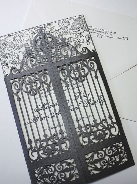 Love these invitations Halloween Themed Wedding, Goth Wedding, Dark Wedding, Laser Cut Wedding Invitations, Laser Cut Wedding, Iron Gate, Vintage Elegance, Gothic Wedding, Halloween Wedding