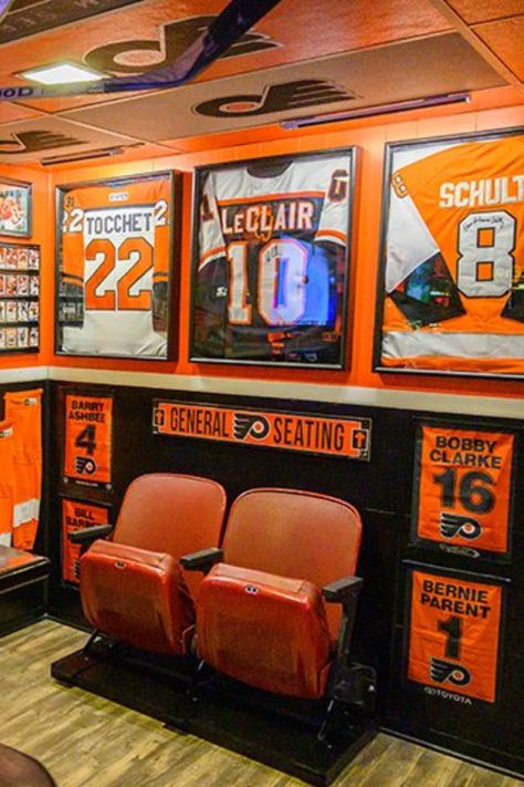 Football Theater Room, Hockey Shadow Box Ideas, Man Cave Basement Sports, Video Game Man Cave, Hockey Memorabilia Display, Hockey Garage, Sports Memorabilia Room, Diy Man Cave, Hockey Man Cave