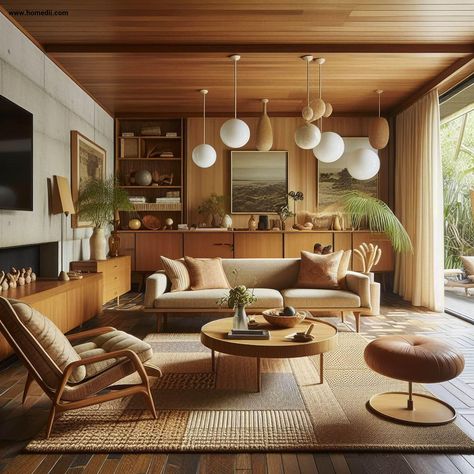 Living Room Lower Cabinets, Mcm Earth Tones, Mid Century Sitting Room Ideas, Mid Century Open Plan Living, Mid Century Living Room Colors, Midcentury Modern Great Room, Natural Style Interior Design, Japan Mid Century Modern, Reading Nook Mid Century Modern