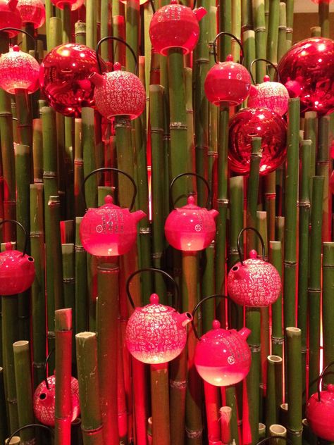 Bamboo "Christmas" Tree with Chinese Teapot Ornaments Bamboo Christmas Tree, Asian Christmas, Cny Decoration, Modern Chinese Wedding, Teapot Ornament, Chinese Wedding Decor, Japanese Christmas, Toasting Flutes Wedding, Alternative Christmas