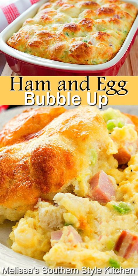 This delicious Ham and Egg Bubble Up is a spectacular start to any day #hamandeggs #bubbleup #hamandeggcasserole #breakfast #brunch #breakfastcasserole #eggs #leftoverham #dinner ideas #holidaybrunch #Christmasbrunch #southernfood #southernrecipes Breakfast Bubble Up, Ham And Eggs Recipes, Brunch Eggs Ideas, Ham Brunch Ideas, Crescent Roll Breakfast Recipes Ham, Breakfast Ideas With Ham, Egg And Ham Breakfast Casserole, Ham And Eggs Breakfast, Christmas Day Breakfast Ideas