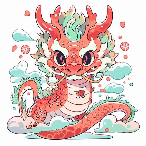 Cute cartoon red dragon Illustration on white background with clouds Dragon Cute Drawing, Dragon Illustration Art, Cute Dragon Art, Sticker Moodboard, Cute Chinese Dragon, Dragon Line Drawing, Dragons Illustration, Chinese Dragon Illustration, Candy Dragon