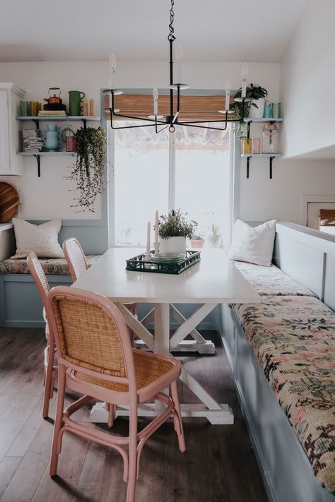 Cozy Eclectic, Banquette Cushions, Nesting With Grace, Bookcase Styling, Eclectic Kitchen, Bulkhead Lights, Banquette Seating, Kitchen Nook, Black Exterior