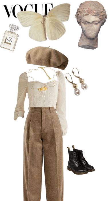 Light Brown And White Outfit, Romantic Edgy Outfits, Royalcore Outfit Casual, Royal Core Outfits Casual, Cottagecore Modern Outfit, Winter Romantic Outfits, White Academia Outfit, Casual Royalcore Outfits, Cottagecore Academia Outfits